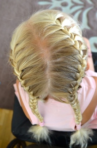 two french braids, asymmetrical parting