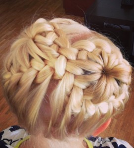 french braid head band into two buns