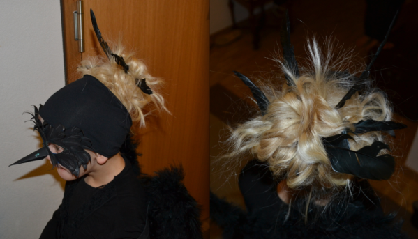 Messy bun with feathers for a crow costume at halloween