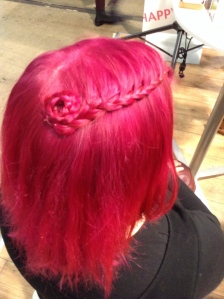 lace braid, rosette, short hair, pink hair